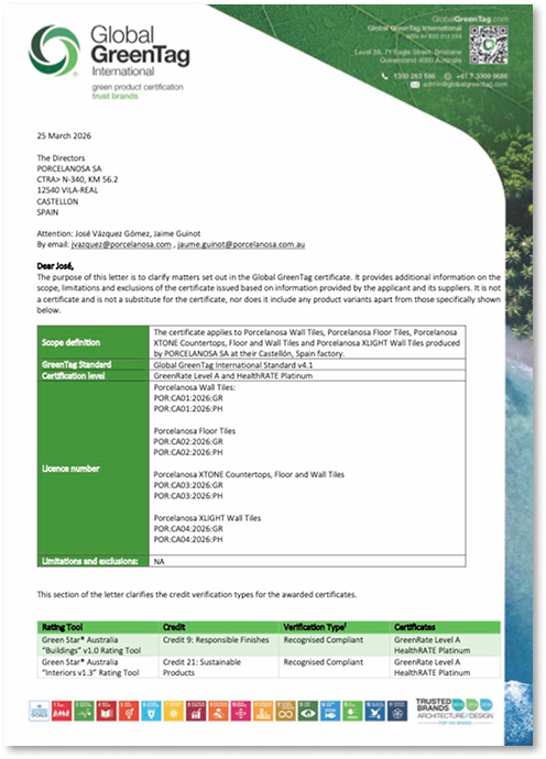 Global GreenTag certification letter