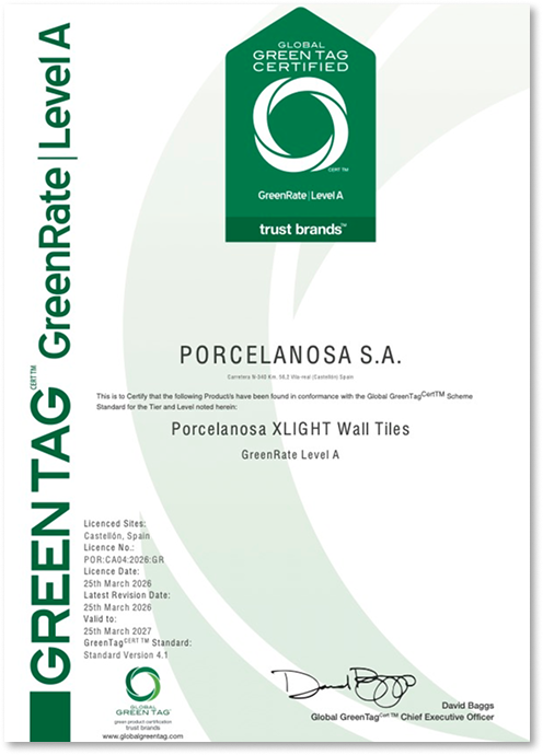 GreenRate XLIGHT wall tiles certificate preview
